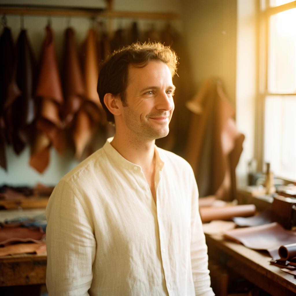 Portrait of the founder in a leather workshop, soft window light