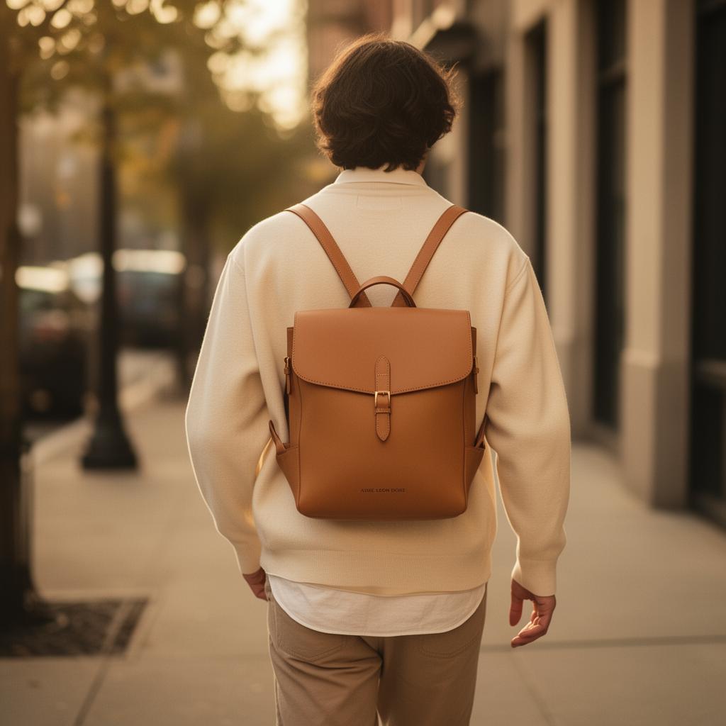 A person walking down a sidewalk wearing the Folio as a backpack